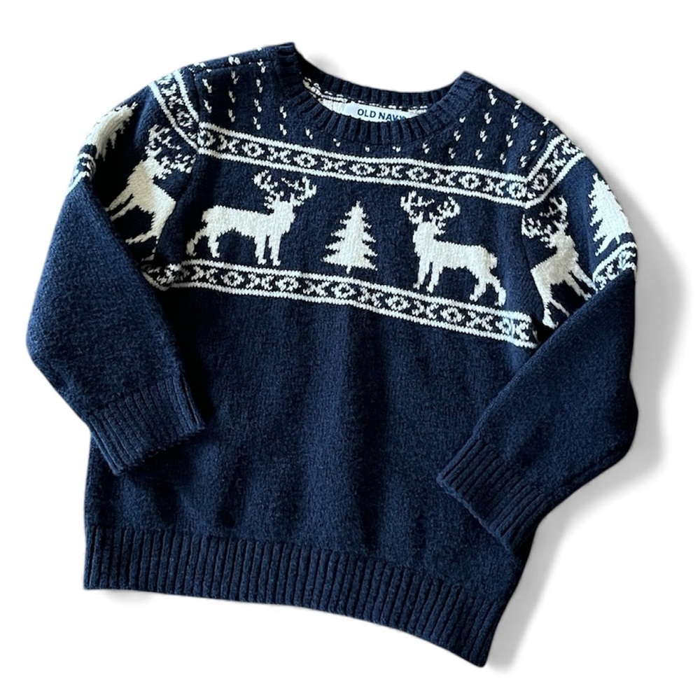 Old Navy 2T Fair Isle Reindeer Christmas Holiday Cozy Sweater Navy Blue White